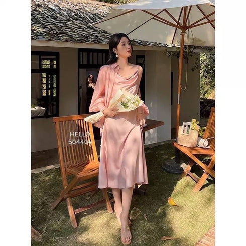Women Casual Satin Spaghetti Straps Maxi Dress With Shirts